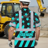Hi Vis Hawaiian Shirt Reflective Tapes Blue Neon US Flag Custom Name Safety Workwear For Workers, Truckers, Operators