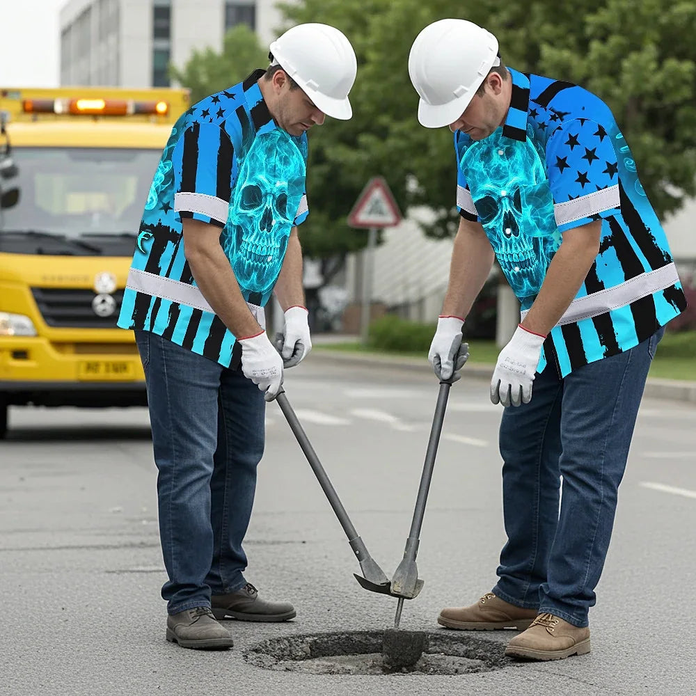 Hi Vis Hawaiian Shirt Reflective Tapes Blue Neon US Flag Custom Name Safety Workwear For Workers, Truckers, Operators
