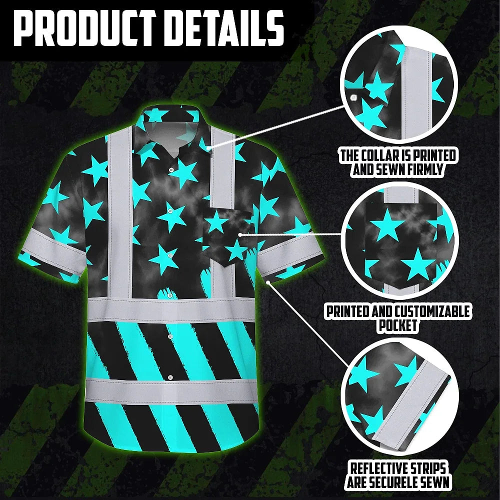 Hi Vis Hawaiian Shirt Reflective Tapes Blue Neon US Flag Custom Name Safety Workwear For Workers, Truckers, Operators