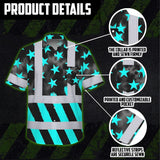 Hi Vis Hawaiian Shirt Reflective Tapes Blue Neon US Flag Custom Name Safety Workwear For Workers, Truckers, Operators