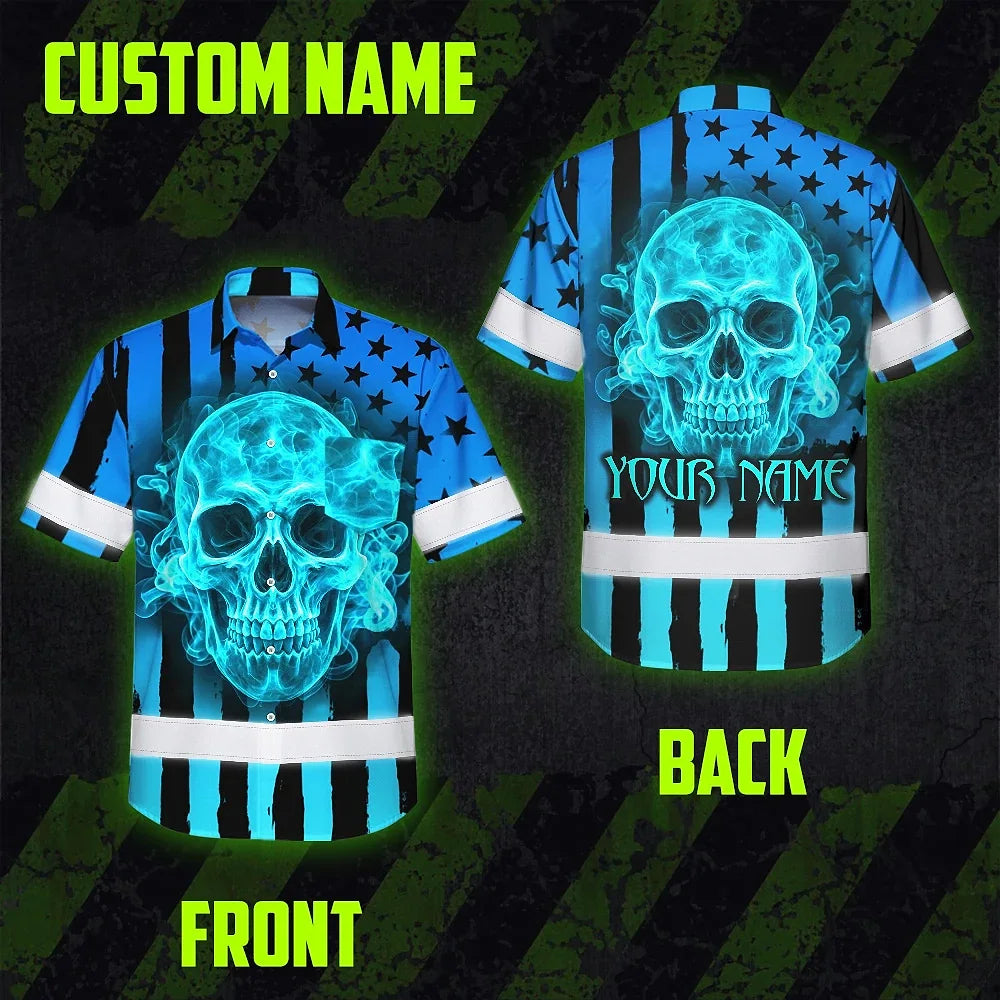 Hi Vis Hawaiian Shirt Reflective Tapes Blue Neon US Flag Custom Name Safety Workwear For Workers, Truckers, Operators
