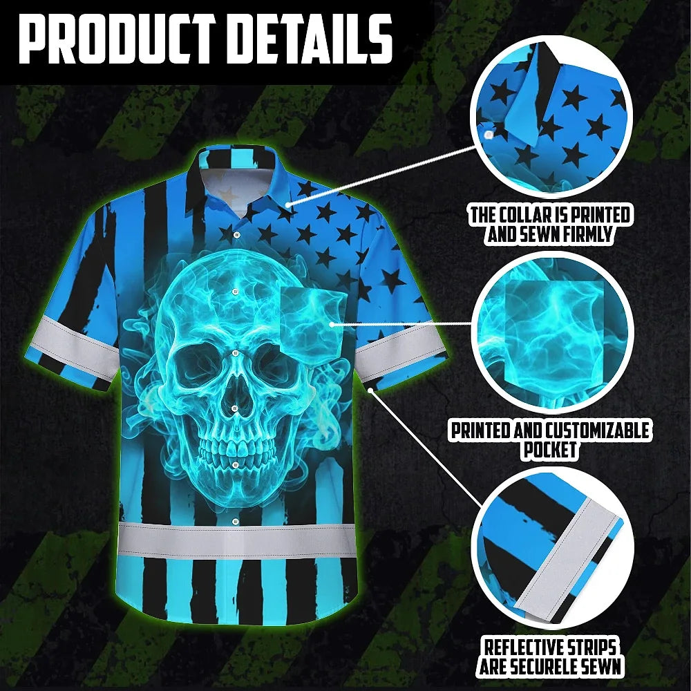 Hi Vis Hawaiian Shirt Reflective Tapes Blue Neon US Flag Custom Name Safety Workwear For Workers, Truckers, Operators