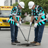 Hi Vis Hawaiian Shirt Reflective Tapes Blue Neon US Flag Custom Name Safety Workwear For Workers, Truckers, Operators