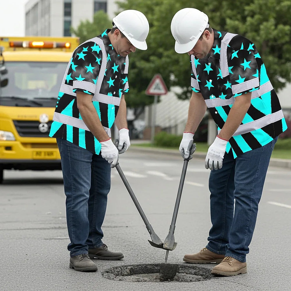 Hi Vis Hawaiian Shirt Reflective Tapes Blue Neon US Flag Custom Name Safety Workwear For Workers, Truckers, Operators