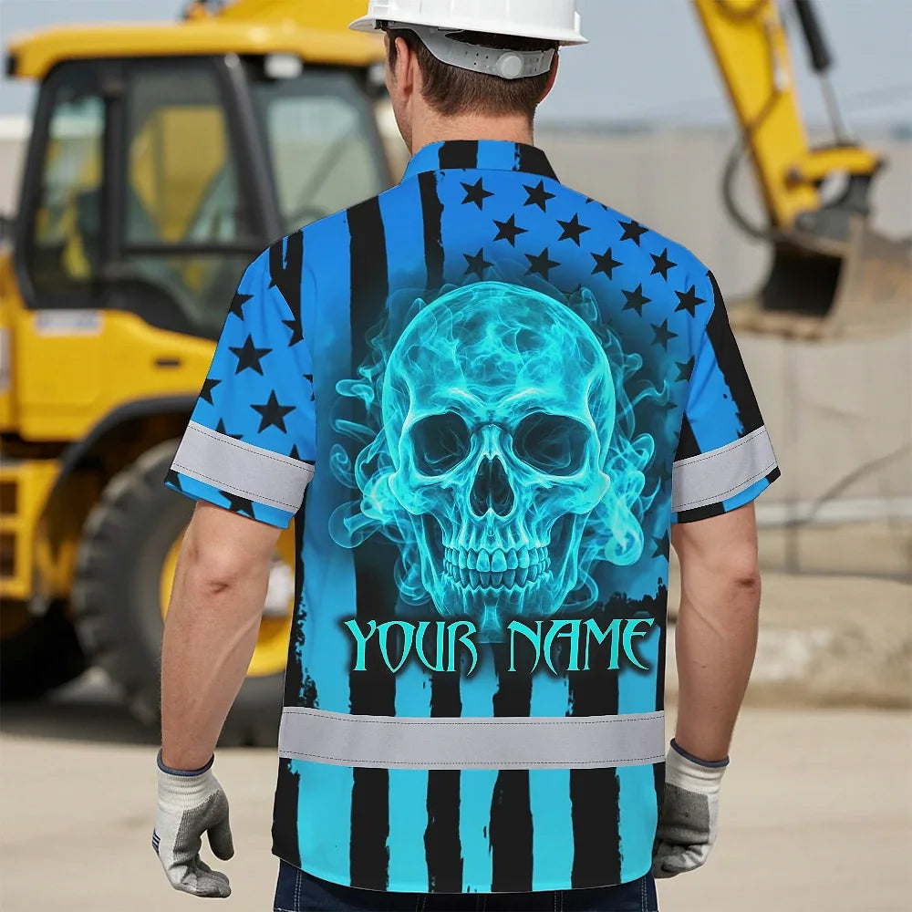 Hi Vis Hawaiian Shirt Reflective Tapes Blue Neon US Flag Custom Name Safety Workwear For Workers, Truckers, Operators