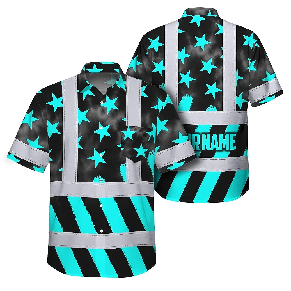 Hi Vis Hawaiian Shirt Reflective Tapes Blue Neon US Flag Custom Name Safety Workwear For Workers, Truckers, Operators