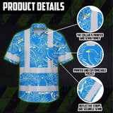 Hi Vis Hawaiian Shirt Reflective Tapes Blue Neon White 2 Flowers Custom Name Safety Workwear For Workers, Truckers, Operators