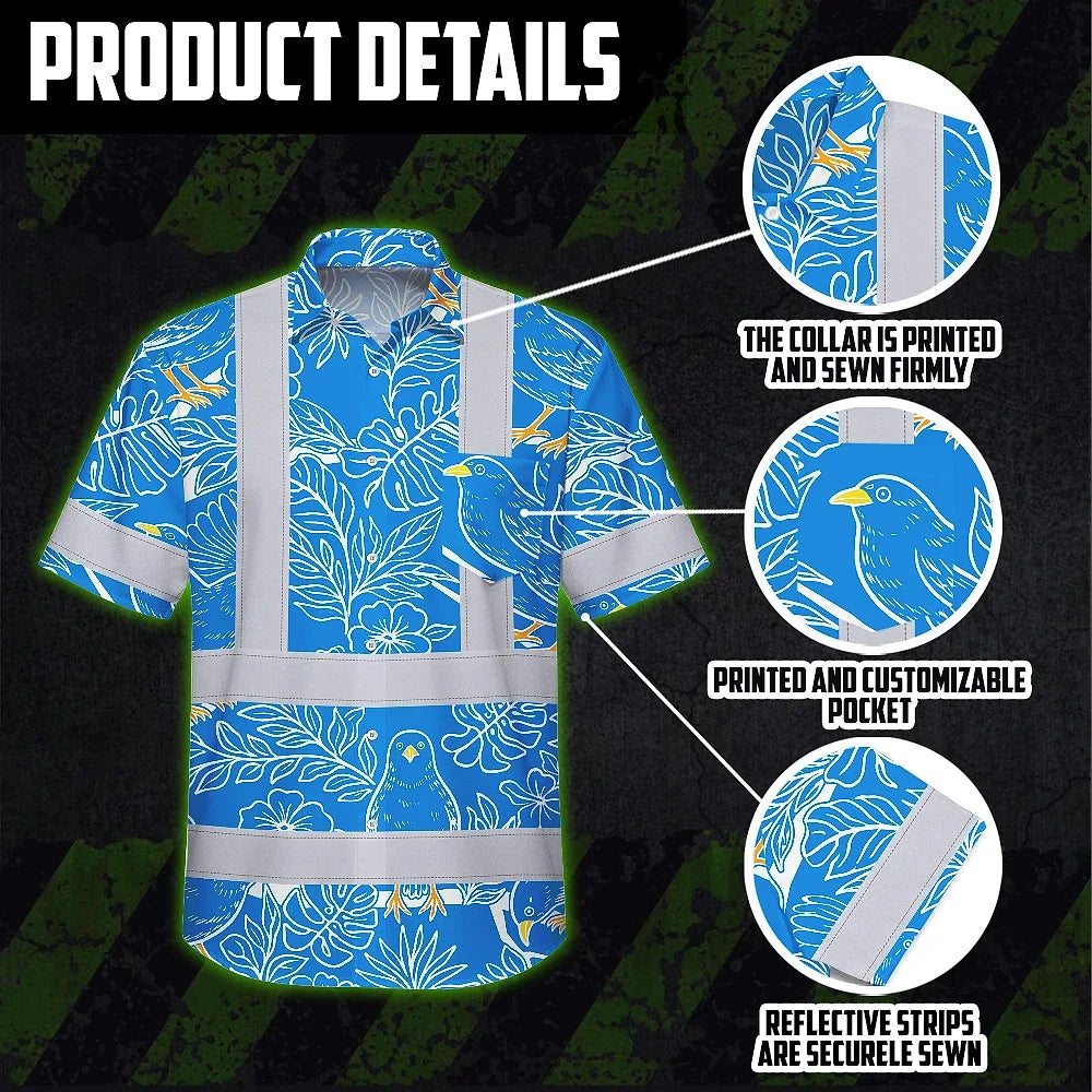 Hi Vis Hawaiian Shirt Reflective Tapes Blue Neon White 2 Flowers Custom Name Safety Workwear For Workers, Truckers, Operators