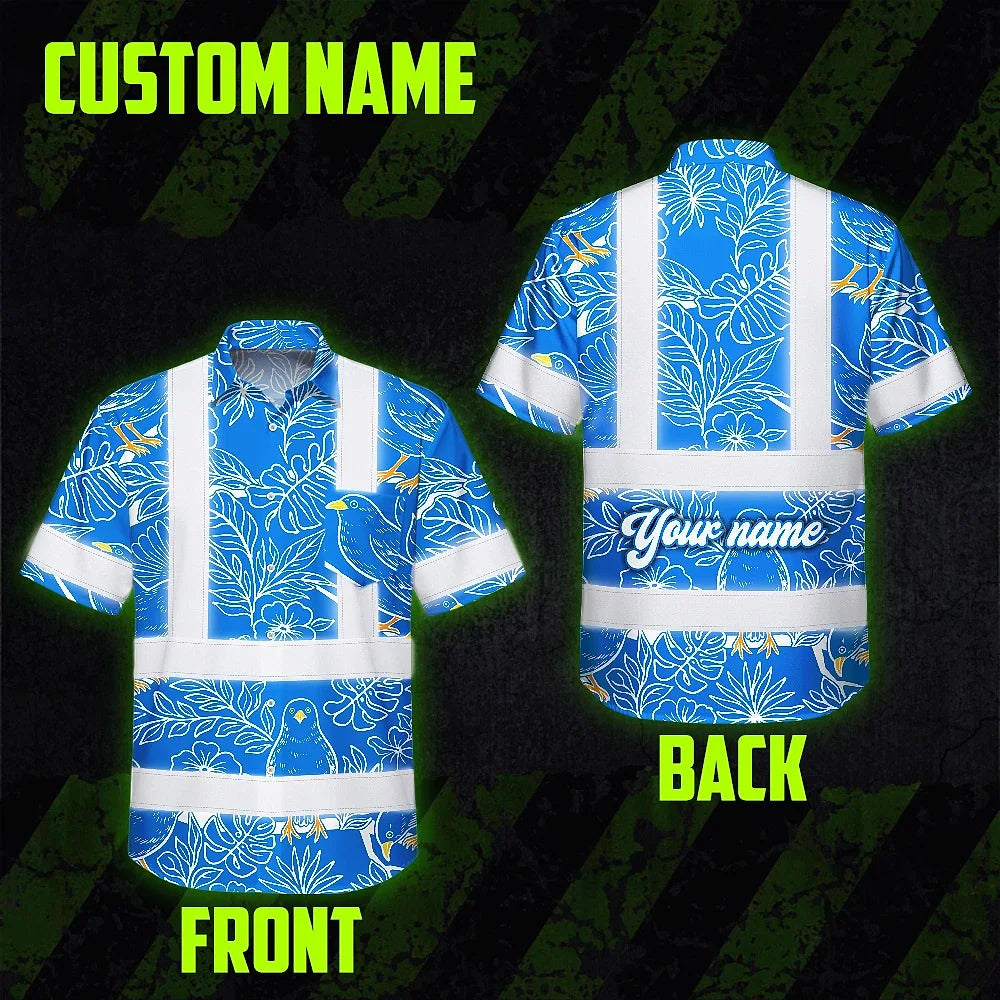 Hi Vis Hawaiian Shirt Reflective Tapes Blue Neon White 2 Flowers Custom Name Safety Workwear For Workers, Truckers, Operators