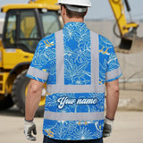 Hi Vis Hawaiian Shirt Reflective Tapes Blue Neon White 2 Flowers Custom Name Safety Workwear For Workers, Truckers, Operators