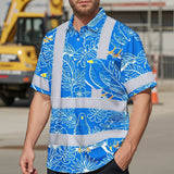 Hi Vis Hawaiian Shirt Reflective Tapes Blue Neon White 2 Flowers Custom Name Safety Workwear For Workers, Truckers, Operators