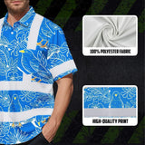 Hi Vis Hawaiian Shirt Reflective Tapes Blue Neon White 2 Flowers Custom Name Safety Workwear For Workers, Truckers, Operators
