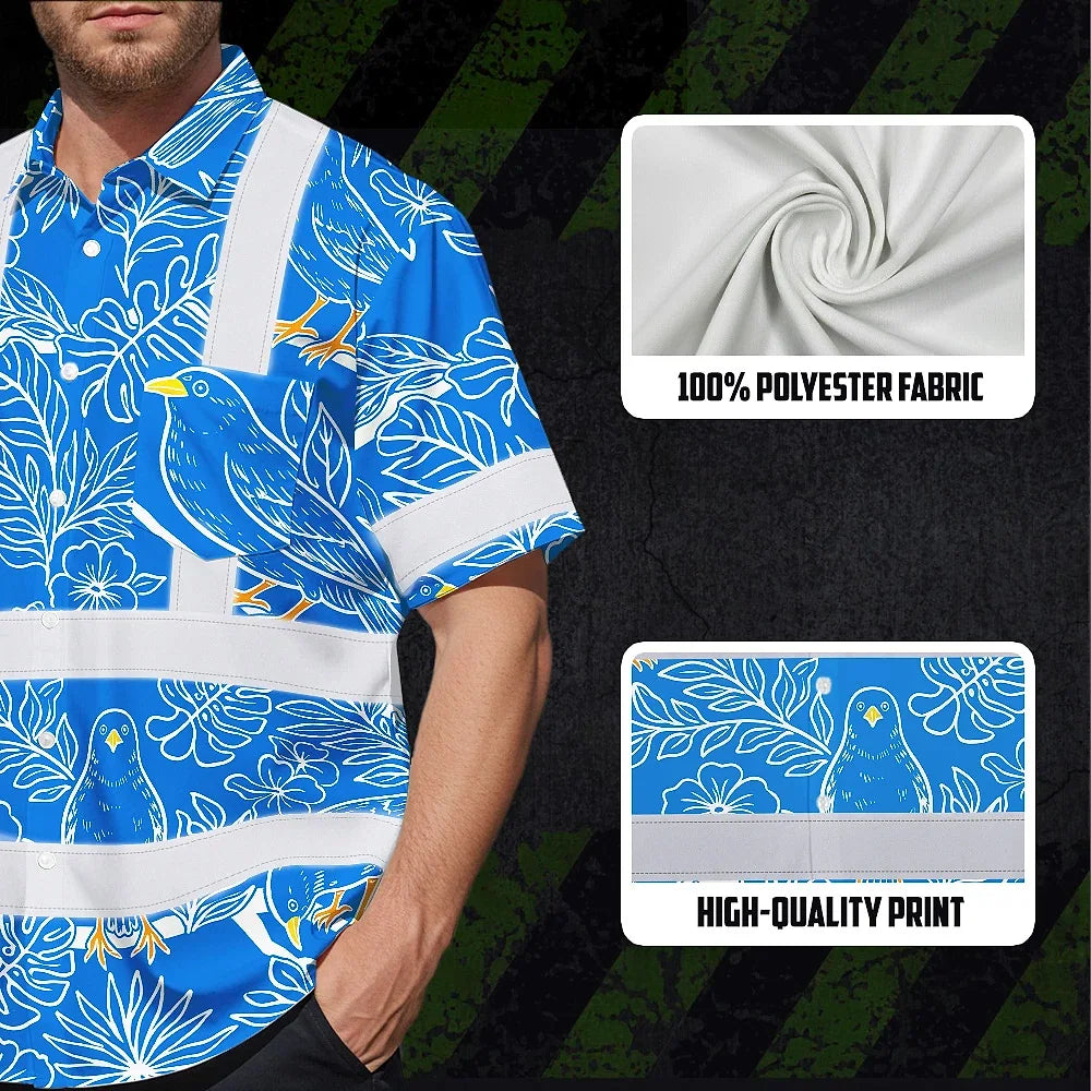 Hi Vis Hawaiian Shirt Reflective Tapes Blue Neon White 2 Flowers Custom Name Safety Workwear For Workers, Truckers, Operators