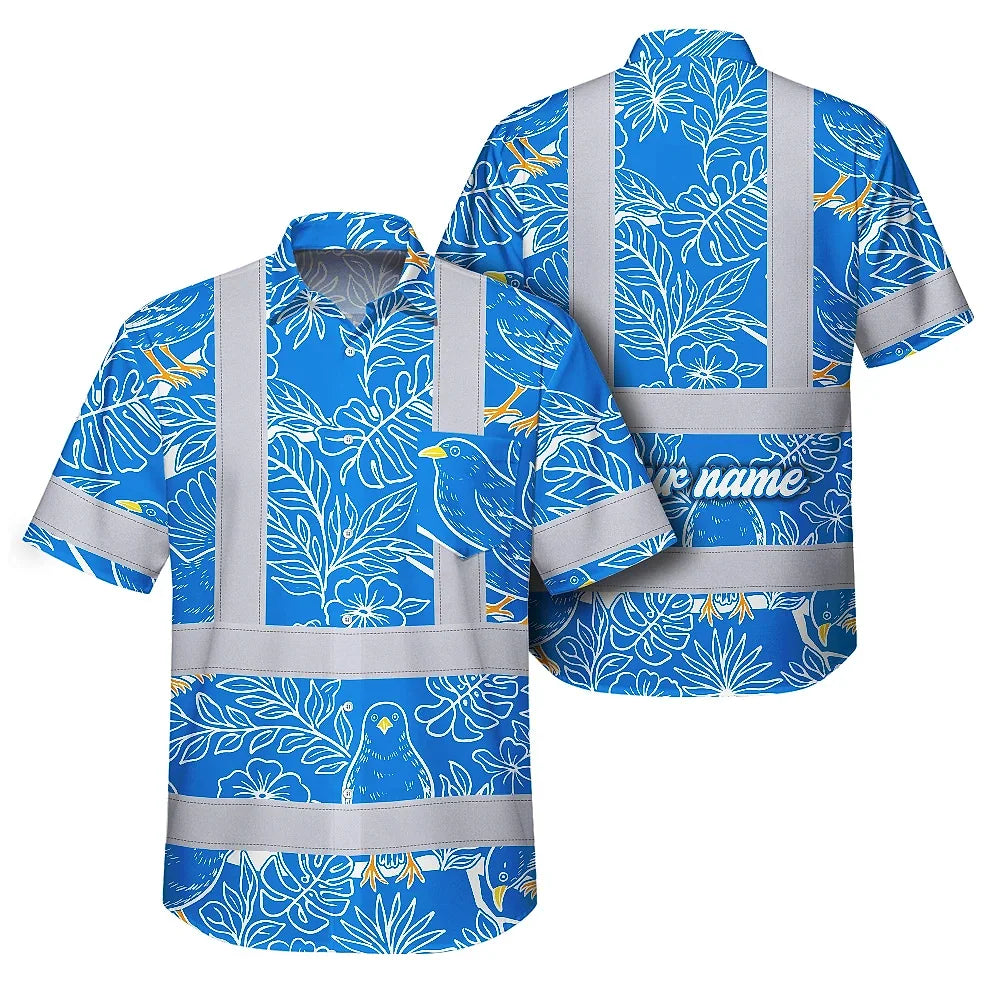 Hi Vis Hawaiian Shirt Reflective Tapes Blue Neon White 2 Flowers Custom Name Safety Workwear For Workers, Truckers, Operators