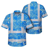 Hi Vis Hawaiian Shirt Reflective Tapes Blue Neon White 2 Flowers Custom Name Safety Workwear For Workers, Truckers, Operators