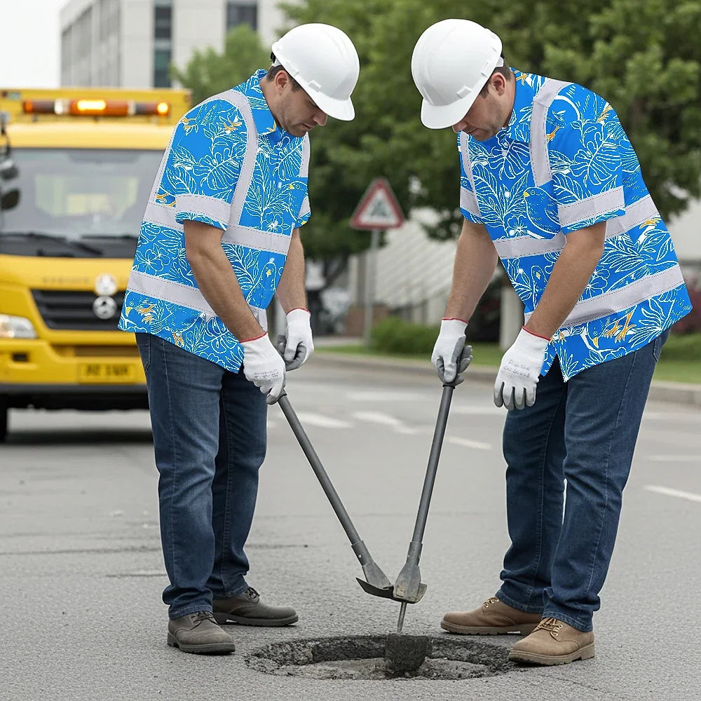 Hi Vis Hawaiian Shirt Reflective Tapes Blue Neon White 2 Flowers Custom Name Safety Workwear For Workers, Truckers, Operators