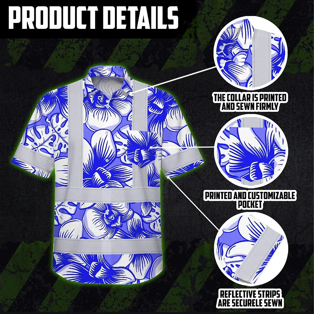 Hi Vis Hawaiian Shirt Reflective Tapes Blue Neon White Orchid Custom Name Safety Workwear For Workers, Truckers, Operators