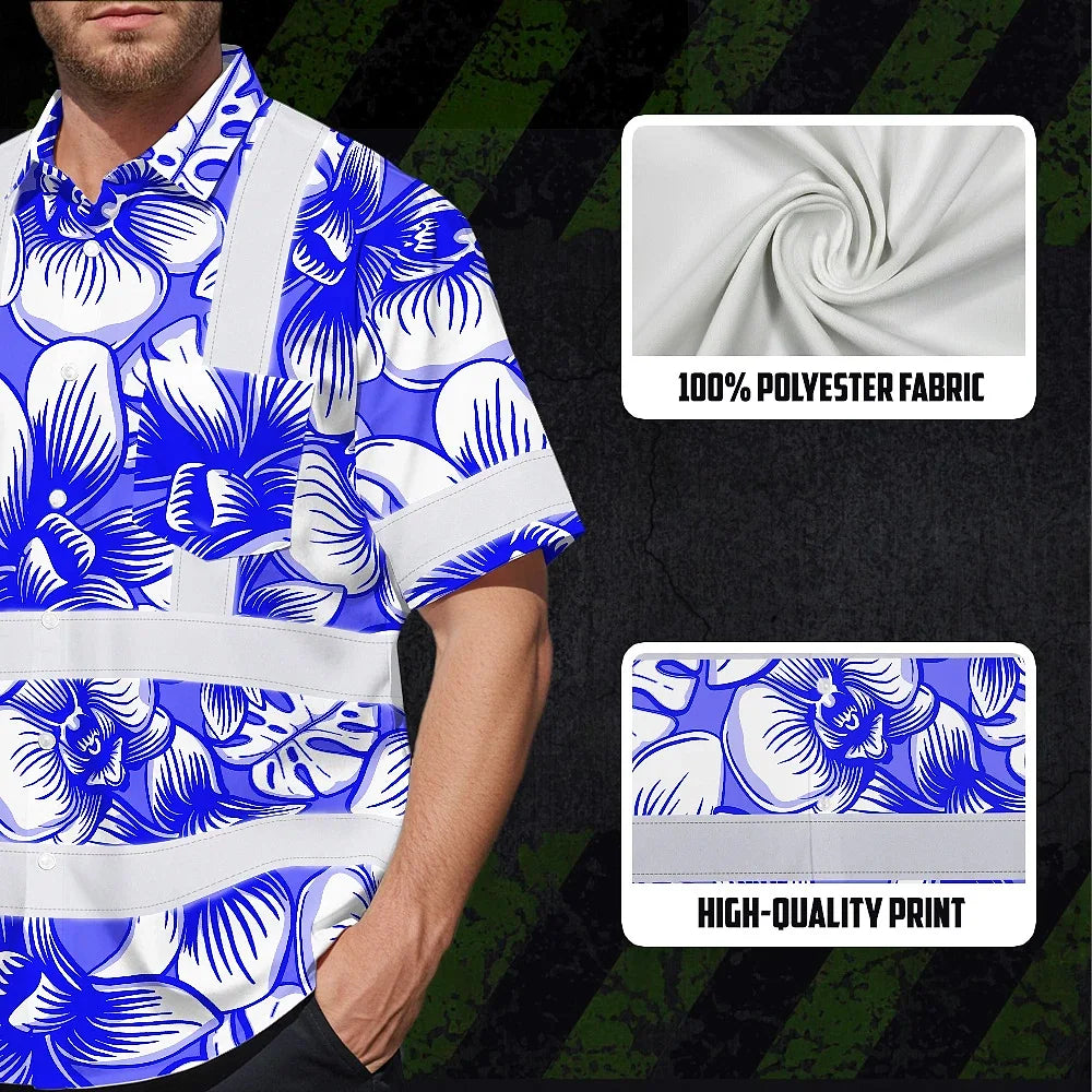 Hi Vis Hawaiian Shirt Reflective Tapes Blue Neon White Orchid Custom Name Safety Workwear For Workers, Truckers, Operators