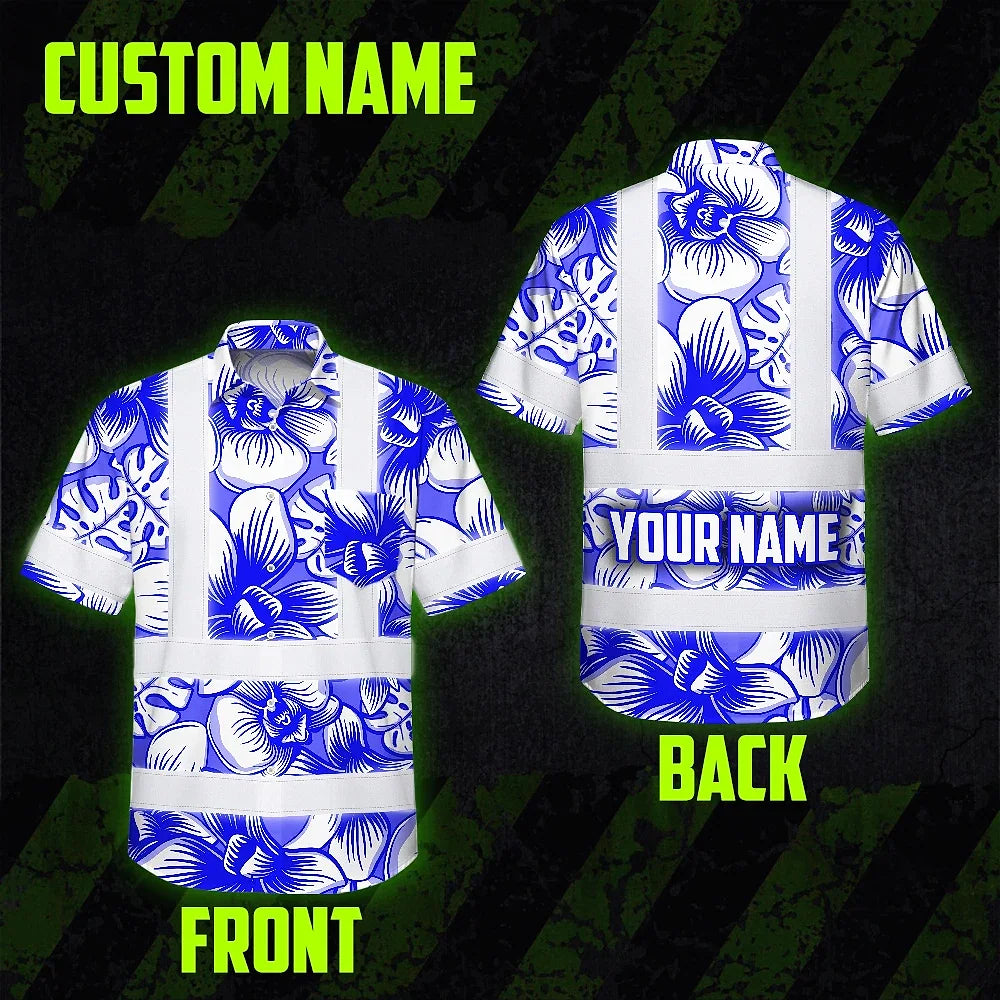 Hi Vis Hawaiian Shirt Reflective Tapes Blue Neon White Orchid Custom Name Safety Workwear For Workers, Truckers, Operators