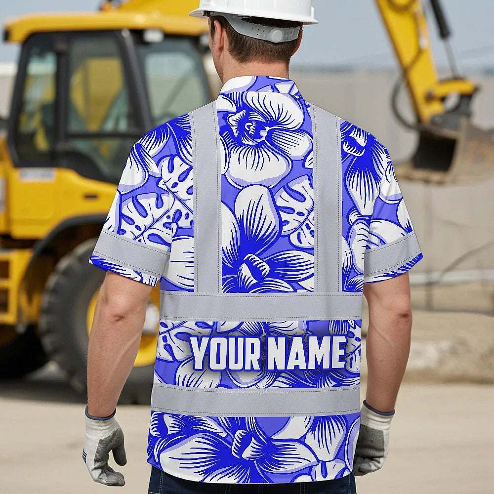 Hi Vis Hawaiian Shirt Reflective Tapes Blue Neon White Orchid Custom Name Safety Workwear For Workers, Truckers, Operators