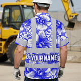 Hi Vis Hawaiian Shirt Reflective Tapes Blue Neon White Orchid Custom Name Safety Workwear For Workers, Truckers, Operators