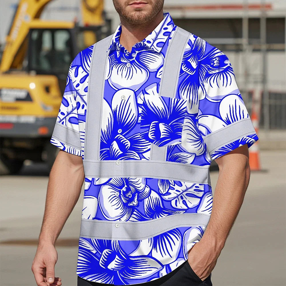 Hi Vis Hawaiian Shirt Reflective Tapes Blue Neon White Orchid Custom Name Safety Workwear For Workers, Truckers, Operators