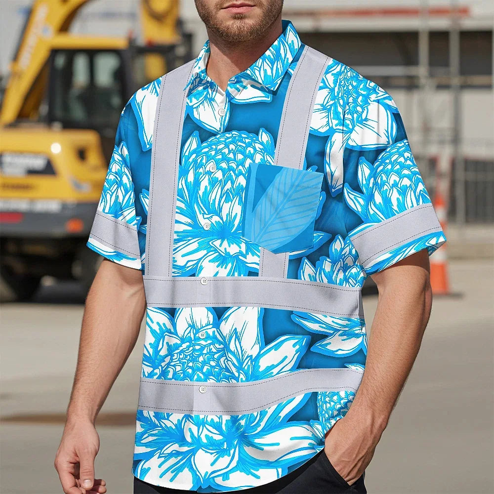 Hi Vis Hawaiian Shirt Reflective Tapes Blue Neon White Protea Custom Name Safety Workwear For Workers, Truckers, Operators