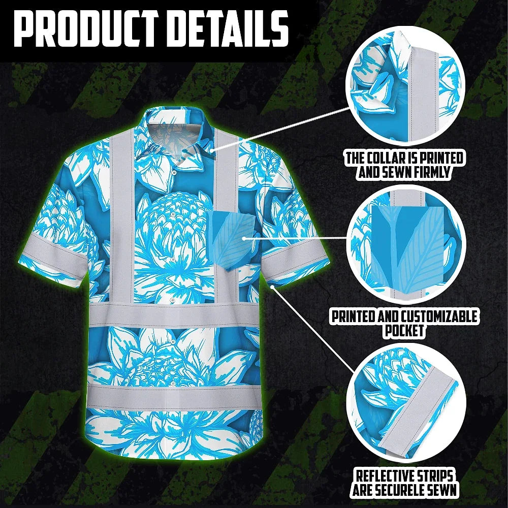 Hi Vis Hawaiian Shirt Reflective Tapes Blue Neon White Protea Custom Name Safety Workwear For Workers, Truckers, Operators