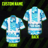 Hi Vis Hawaiian Shirt Reflective Tapes Blue Neon White Protea Custom Name Safety Workwear For Workers, Truckers, Operators