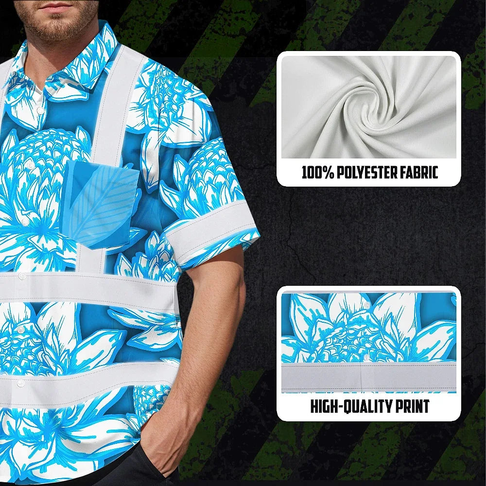 Hi Vis Hawaiian Shirt Reflective Tapes Blue Neon White Protea Custom Name Safety Workwear For Workers, Truckers, Operators