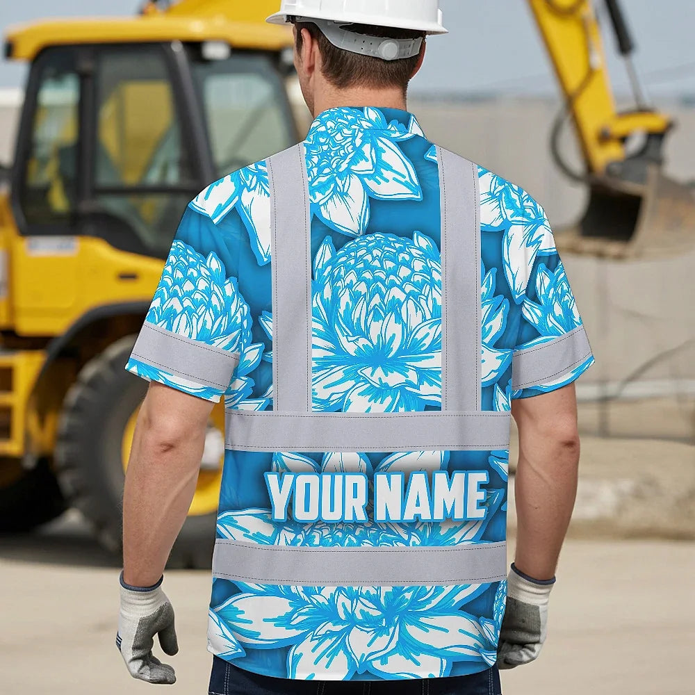 Hi Vis Hawaiian Shirt Reflective Tapes Blue Neon White Protea Custom Name Safety Workwear For Workers, Truckers, Operators