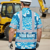 Hi Vis Hawaiian Shirt Reflective Tapes Blue Neon White Protea Custom Name Safety Workwear For Workers, Truckers, Operators