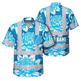 Hi Vis Hawaiian Shirt Reflective Tapes Blue Neon White Protea Custom Name Safety Workwear For Workers, Truckers, Operators