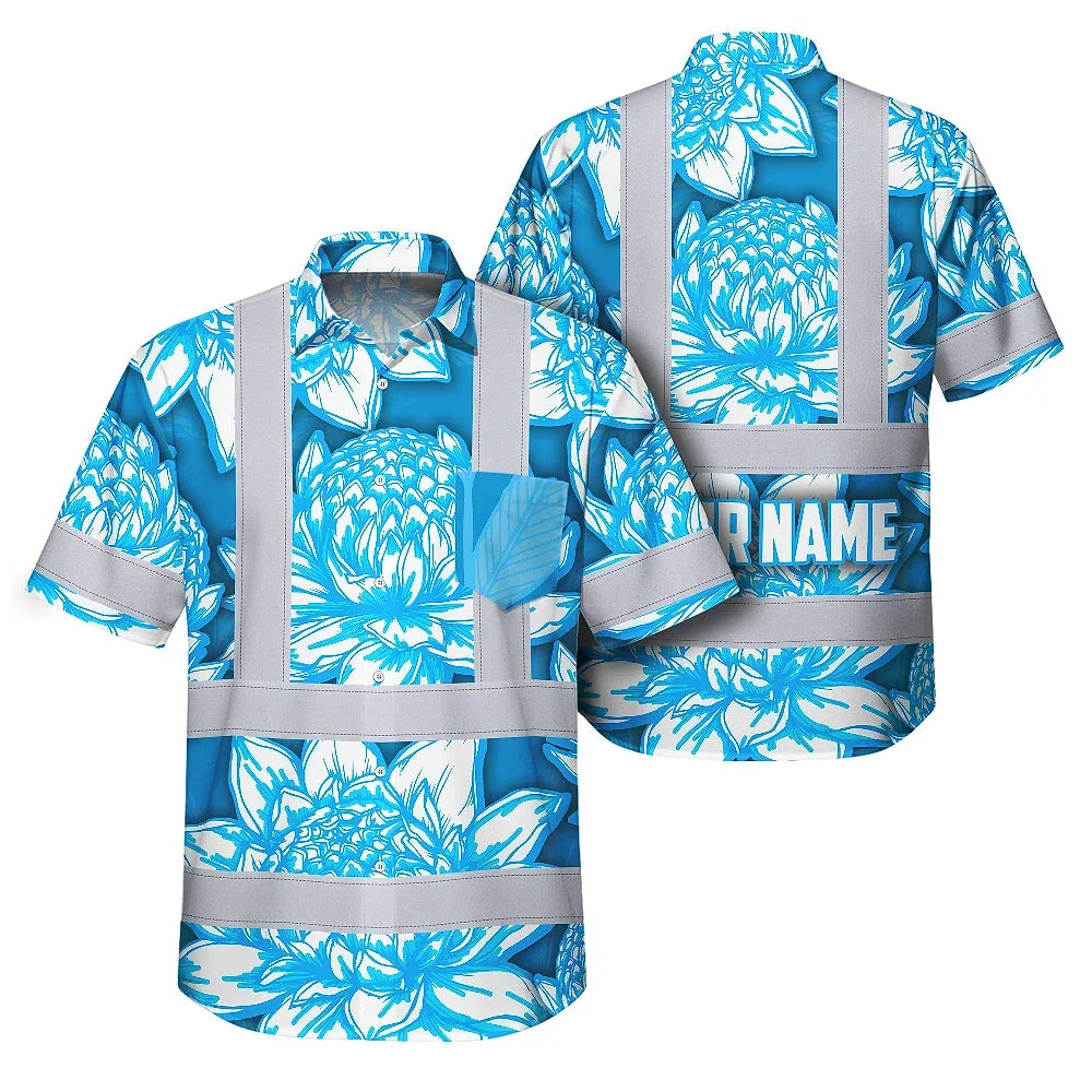 Hi Vis Hawaiian Shirt Reflective Tapes Blue Neon White Protea Custom Name Safety Workwear For Workers, Truckers, Operators