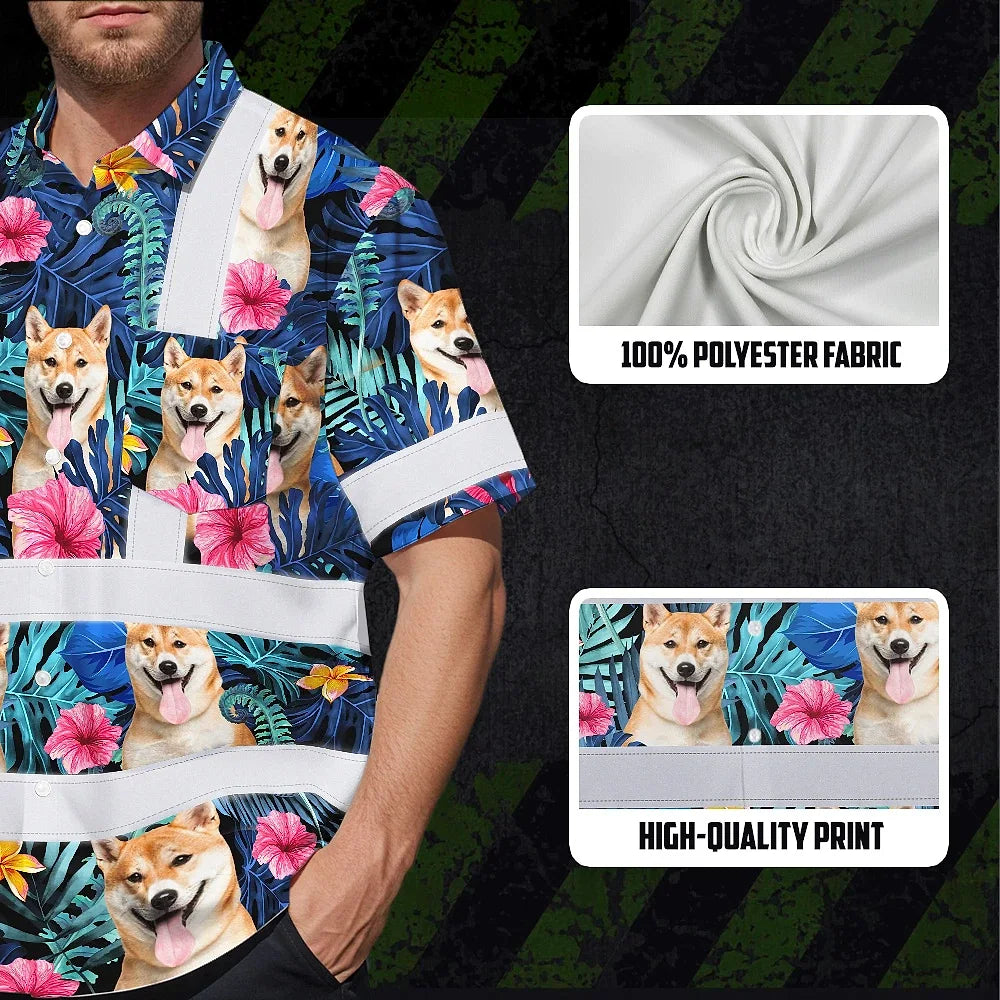 Hi Vis Hawaiian Shirt Reflective Tapes Blue Pink Flowers Custom Name And Image Safety Workwear For Workers, Truckers, Operators, Company, Pet Lovers