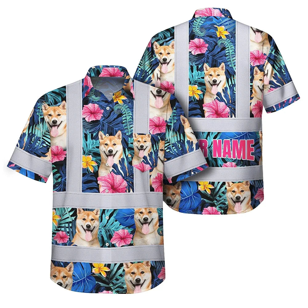 Hi Vis Hawaiian Shirt Reflective Tapes Blue Pink Flowers Custom Name And Image Safety Workwear For Workers, Truckers, Operators, Company, Pet Lovers