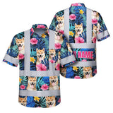 Hi Vis Hawaiian Shirt Reflective Tapes Blue Pink Flowers Custom Name And Image Safety Workwear For Workers, Truckers, Operators, Company, Pet Lovers