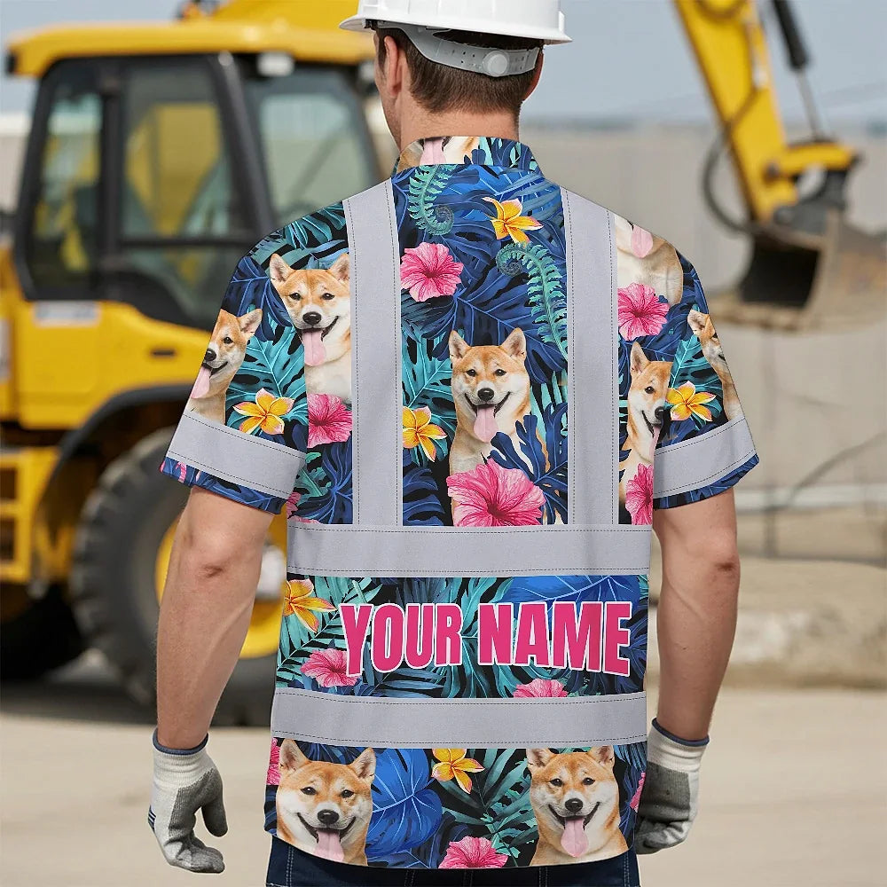 Hi Vis Hawaiian Shirt Reflective Tapes Blue Pink Flowers Custom Name And Image Safety Workwear For Workers, Truckers, Operators, Company, Pet Lovers