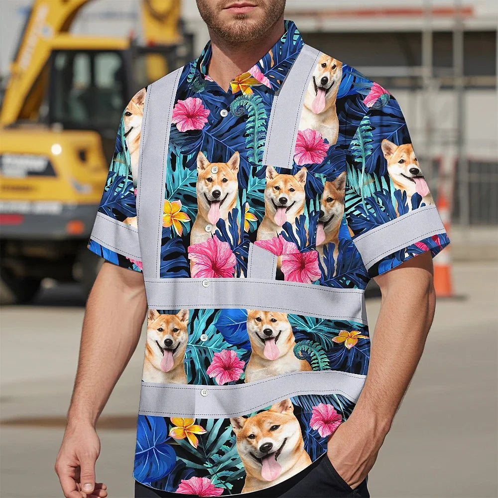 Hi Vis Hawaiian Shirt Reflective Tapes Blue Pink Flowers Custom Name And Image Safety Workwear For Workers, Truckers, Operators, Company, Pet Lovers