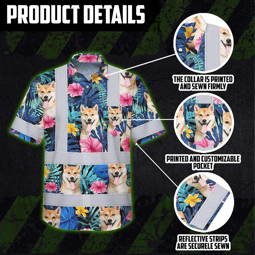 Hi Vis Hawaiian Shirt Reflective Tapes Blue Pink Flowers Custom Name And Image Safety Workwear For Workers, Truckers, Operators, Company, Pet Lovers