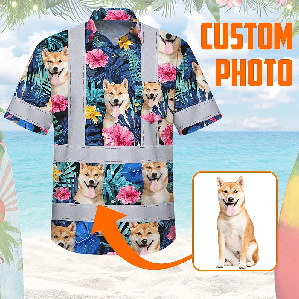 Hi Vis Hawaiian Shirt Reflective Tapes Blue Pink Flowers Custom Name And Image Safety Workwear For Workers, Truckers, Operators, Company, Pet Lovers