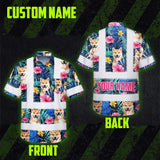 Hi Vis Hawaiian Shirt Reflective Tapes Blue Pink Flowers Custom Name And Image Safety Workwear For Workers, Truckers, Operators, Company, Pet Lovers