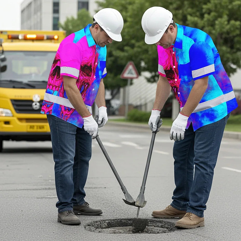Hi Vis Hawaiian Shirt Reflective Tapes Blue Pink Skull Custom Name Safety Workwear For Workers, Truckers, Operators