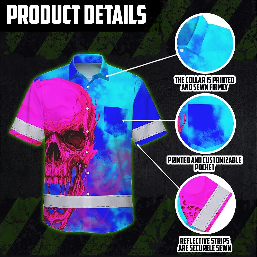 Hi Vis Hawaiian Shirt Reflective Tapes Blue Pink Skull Custom Name Safety Workwear For Workers, Truckers, Operators