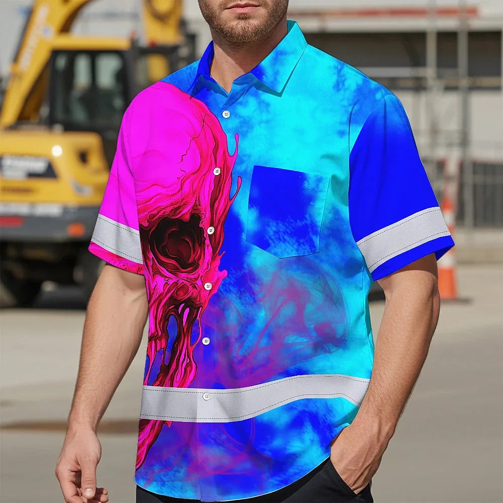 Hi Vis Hawaiian Shirt Reflective Tapes Blue Pink Skull Custom Name Safety Workwear For Workers, Truckers, Operators