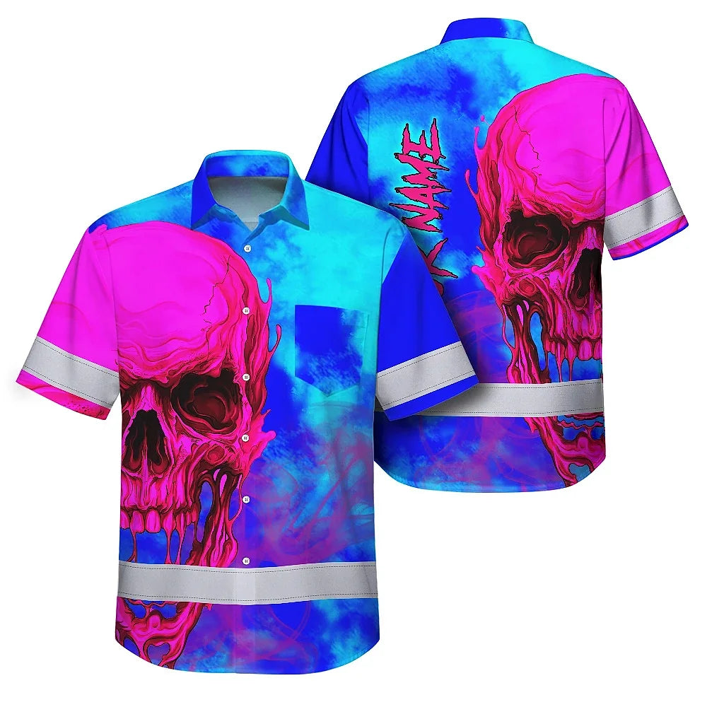 Hi Vis Hawaiian Shirt Reflective Tapes Blue Pink Skull Custom Name Safety Workwear For Workers, Truckers, Operators