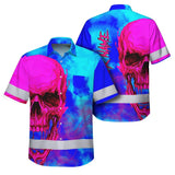 Hi Vis Hawaiian Shirt Reflective Tapes Blue Pink Skull Custom Name Safety Workwear For Workers, Truckers, Operators