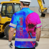 Hi Vis Hawaiian Shirt Reflective Tapes Blue Pink Skull Custom Name Safety Workwear For Workers, Truckers, Operators