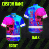 Hi Vis Hawaiian Shirt Reflective Tapes Blue Pink Skull Custom Name Safety Workwear For Workers, Truckers, Operators