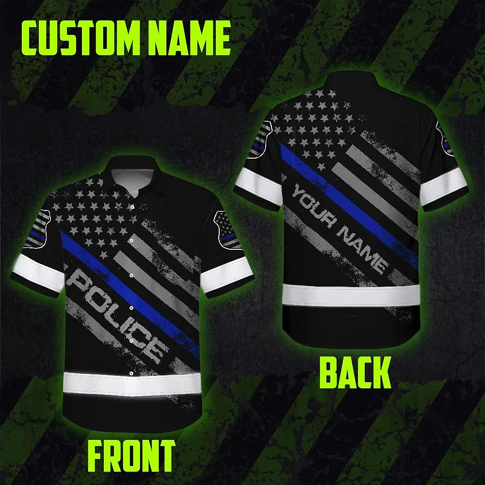Hi Vis Hawaiian Shirt Reflective Tapes Blue Police Custom Name Safety Workwear